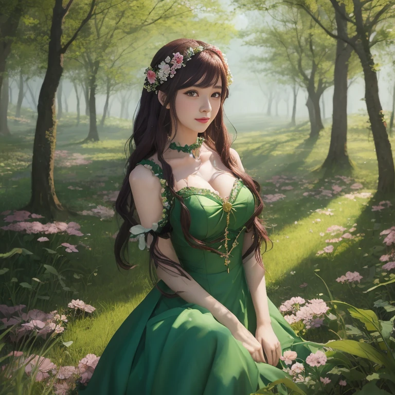 Anime girl in a green dress with flowers in her hair, a maid in a magical forest, anime lush john 8k woods, guweiz on pixiv artstation, in dress, artwork in the style of guweiz, guweiz, guweiz on artstation pixiv, marin kitagawa fanart, Beautiful Anime Portrait, anime moe art style