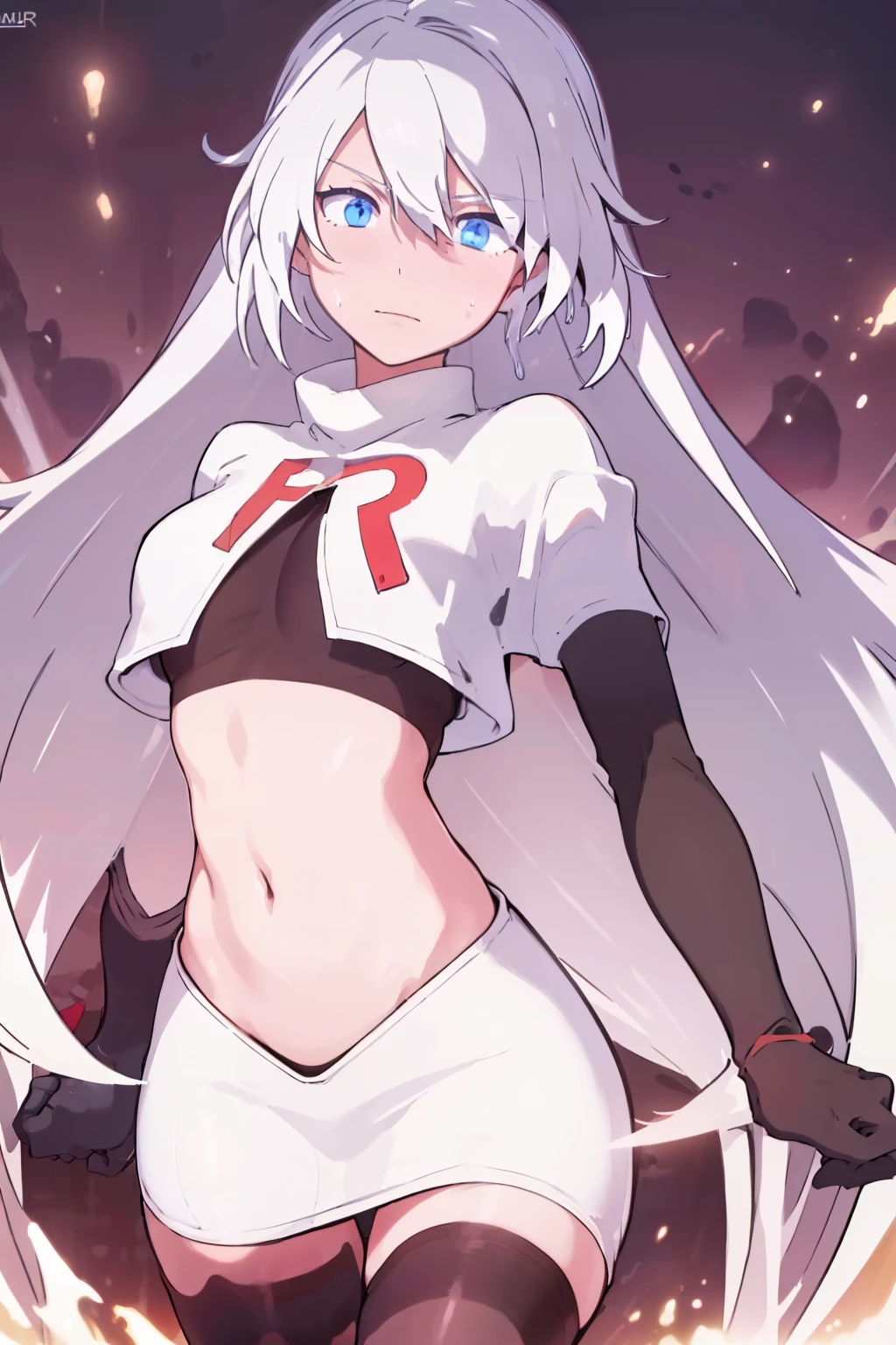 masterpiece, best quality, ultra-detailed, illustration, warm lighting, bright colors, 8K wallpaper, 1girl, solo, very long hair, white hair, blue eyes, wet hair, wet skin,team rocket,team rocket uniform,white skirt,red letter R,crop top,black thigh-highs,black elbow gloves