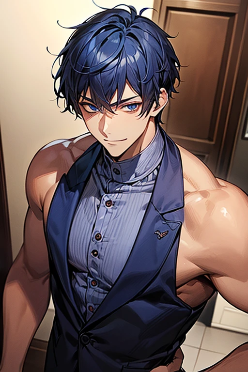 ((masutepiece)), ((Best Quality)), ((Brown skin)), ((Dark blue eyes)), ((Dark blue hair))、Handsome man , ((Very short hair、no bangor head)), masculine、tall、A sexy、 man、Sanpaku eyes、Suits、handsome man、Shigeru Koura、Firmly、well-muscled、broad shoulders、Invincible smile