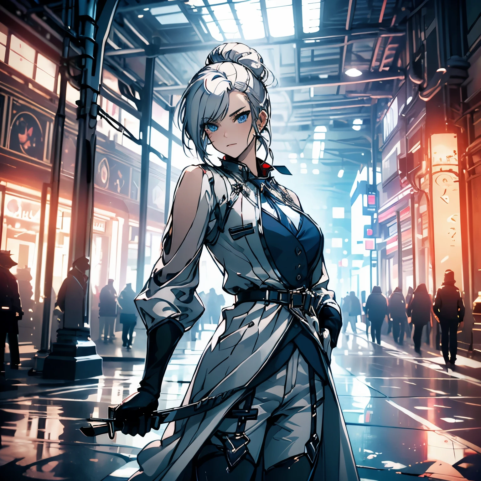 Winterschnee, winter snow, Blue eyes, White hair, Hair bun, Single hair bun,
BREAK gloves, long boots, neck tie, Black Gloves, Belt bag, Pants, Black footwear, uniform, high-heels, coat, Blue Pants, knee boots, ブラックneck tie, high-heels ブーツ, White coat,
Break indoors, castle,
BREAK looking at viewer, (Cowboy Shot:1.5),
BREAK (masutepiece:1.2), Best Quality, High resolution, Unity 8k壁纸, (Illustration:0.8), (Beautiful detailed eyes:1.6), extra detailed face, Perfect Lighting, extremely details CG, (Perfect hands, Perfect Anatomy),