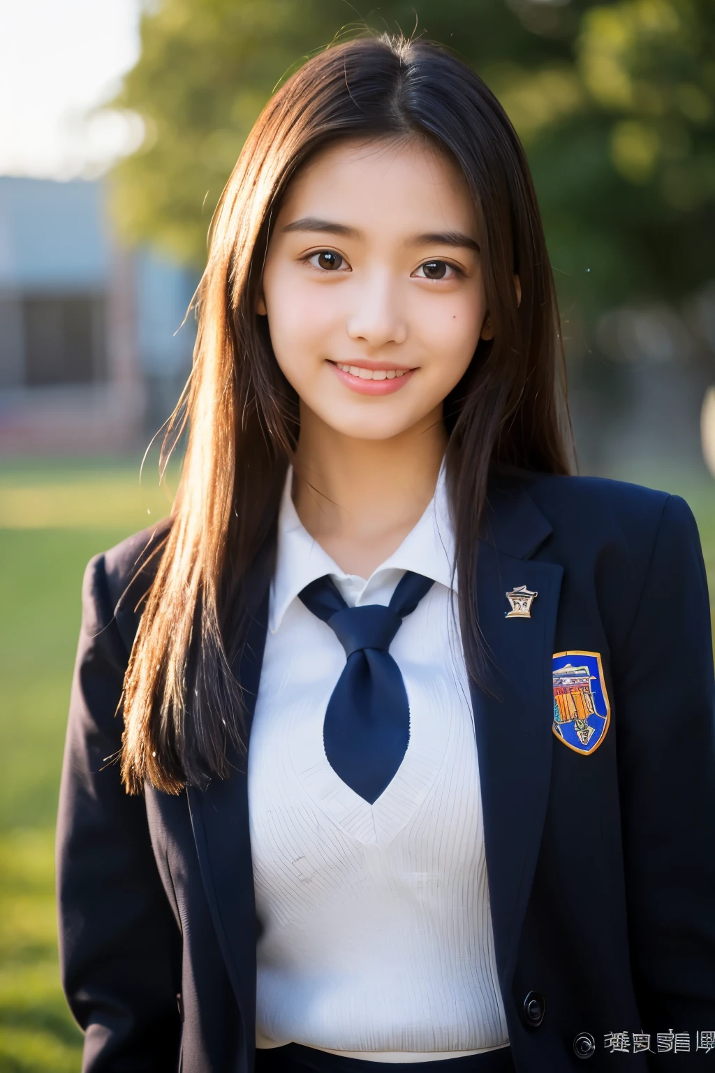 (top-quality,8K picture quality,masterpiece:1.3),(A high resolution,Photorealsitic:1.4,Raw photography),(ultra-detailliert,Caustics,Detailed background),(Ultra-realistic capture,Beautifully detailed skin,perfect anatomia),at the sunset,Sunset sky,school buildings,school ground,18year old ,Kawaii,Black long hair
,tight School Blazer Uniform, breast shape showed, Looking at the camera,A smile,Bust-up shot,natural soft light