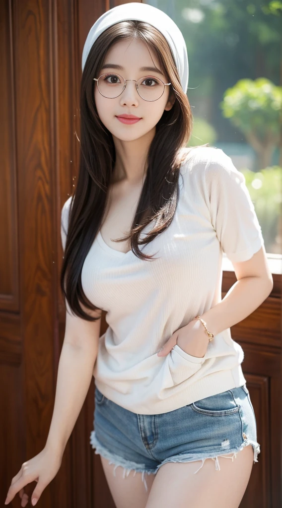 iu:0.8).cleavage, RAW, Best quality, high resolution, Masterpiece: 1.3, Beautiful glasses hijabi java girl wearing shorts and sportra, Masterpiece, Soft smile