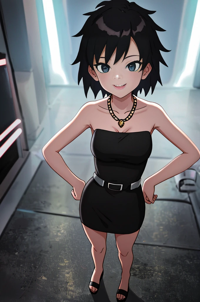 masterpiece, best quality, ultra detailed, 8k, 4k, half body, cowboy shot, Gine, 1 girl, solo, smile, looking at viewer, inside, nightclub, colorful disco lighting, neon lights, full body, black hair, short hair, hand on hip, bare shoulder, bare arms, medium breast, necklace, looking at viewer, standing, strapless, short black dress, black sweetheart dress, black pencil skirt, close up, seductive.