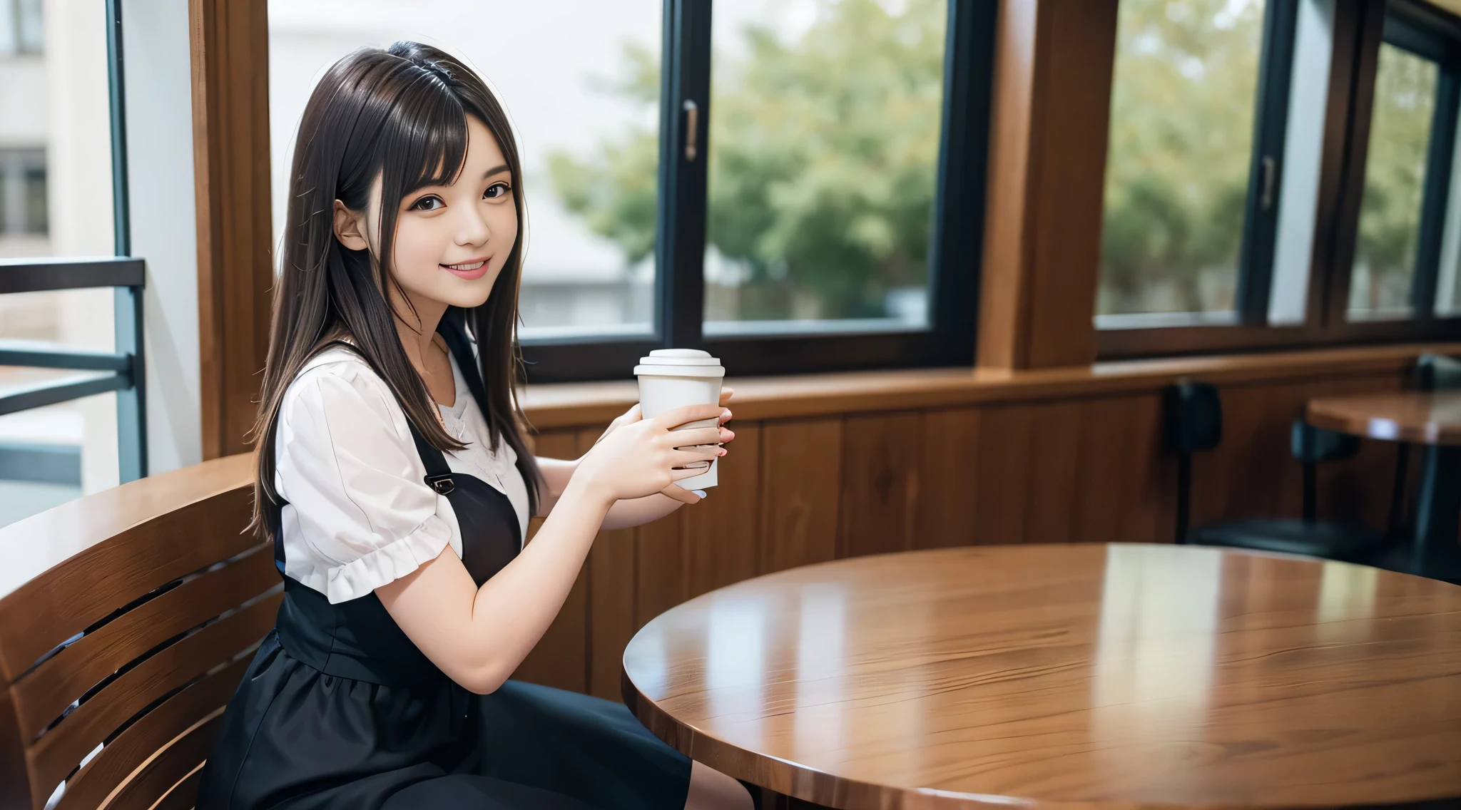 A beautiful woman with dark hair, Smiling, in a skirt, Sitting in a coffee shop, With a cup of coffee in his hand, drink coffee elegantly, High quality photos, perfect litthing.