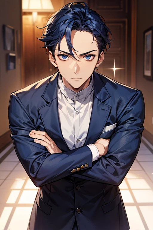 ((masutepiece)), ((Best Quality)), ((Brown skin)), ((Dark blue eyes)), ((Dark blue hair))、Handsome man , ((Very short hair、Forehead)), masculine、tall、A sexy、 man、Sanpaku eyes、Suits、handsome man、Shigeru Koura、Firmly、well-muscled、broad shoulders、