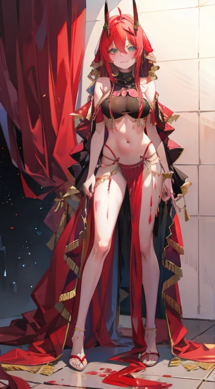 full body image, covered in blood,hair messy,Red and green eyes, , naughty smile
