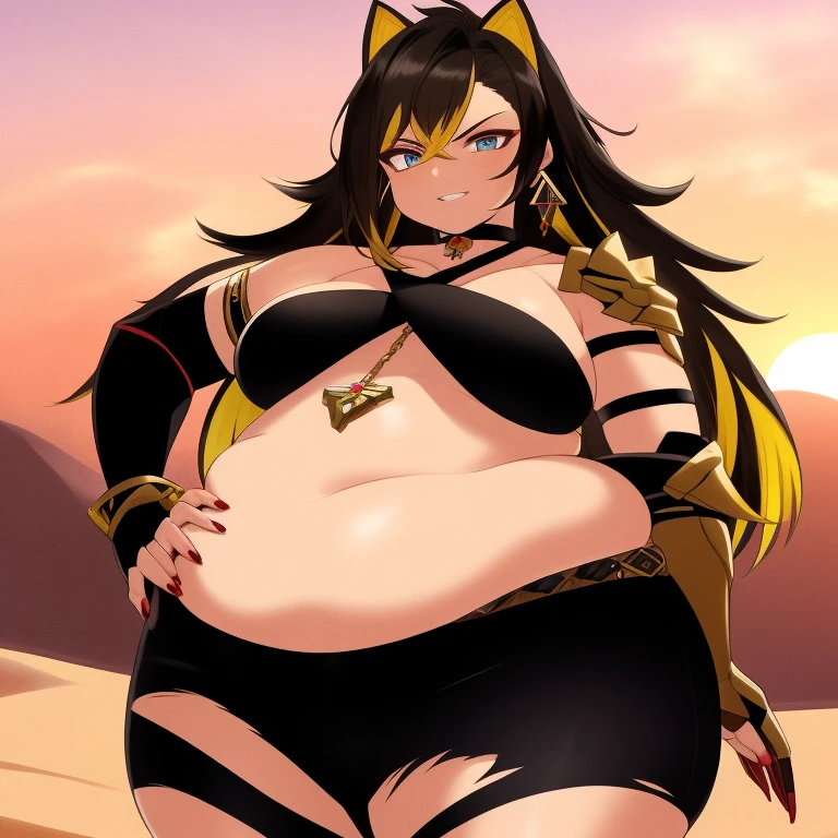 ((masterpiece)), (best quality:1.7), (detailed:1.4), (high res:1.4), 8k, (colorful:1.5), 2d, high resolution, sharped image, 4k, hd, obese dehya_genshin, obese 1girl, (((solo))), black hair, long hair, blue eyes, smile, obese middle body, big breasts, blonde bangs, cat ears, ((middle body)), black pants, shirt, ref navel, torn clothes, cowboy shot, (((jewelry))), black gloves, (((armor))), thighs, red collarbone, official custome, armor choker, desert, cleavage, parted lips, streaked hair, midriff, hair intakes, dark-skinned female, halterneck, armlet, black gloves, ((criss-cross halter)), torn clothes, belt, red nails, nail polish, (((armor armlet))), fingerless glove, two tones breasts, ((thighs)), angry, serious, close mouth, narrow eyes, eyeliner, ((looking at viewer)), red breasts, ((bare legs)), sunset, glove with claws, hands on own hips, (((shoulders armor))), bracelet armor, belt armor, (earrings), gold chain, ornaments, ((partial blonde hair)),