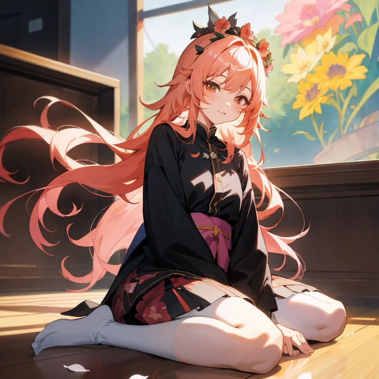 Anime girl sitting on the floor with a flower crown on her head, best anime 4k konachan wallpaper, guweiz on pixiv artstation, Anime visuals of cute girls, Cute anime girl, young anime girl, Anime Girl with Long Hair, Anime art wallpaper 8k, guweiz on artstation pixiv, anime art wallpaper 4k