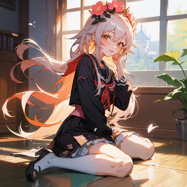 Anime girl sitting on the floor with a flower crown on her head, best anime 4k konachan wallpaper, guweiz on pixiv artstation, Anime visuals of cute girls, Cute anime girl, young anime girl, Anime Girl with Long Hair, Anime art wallpaper 8k, guweiz on artstation pixiv, anime art wallpaper 4k