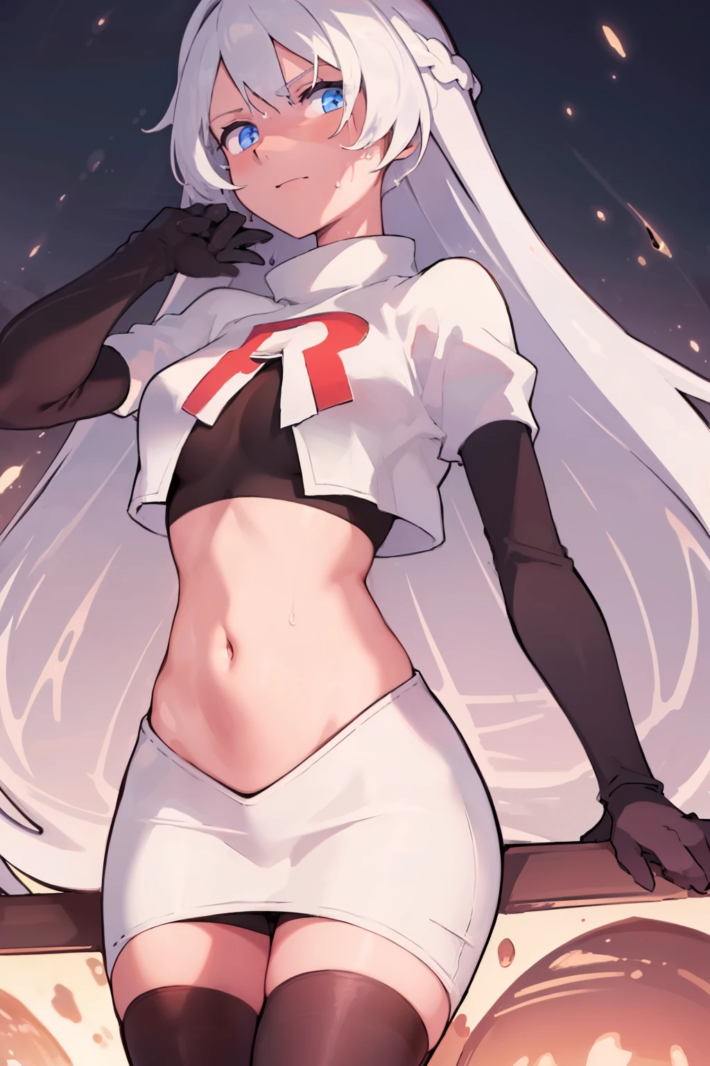 masterpiece, best quality, ultra-detailed, illustration, warm lighting, bright colors, 8K wallpaper, 1girl, solo, very long hair, white hair, blue eyes, wet hair, wet skin,team rocket,team rocket uniform,white skirt,red letter R,crop top,black thigh-highs,black elbow gloves