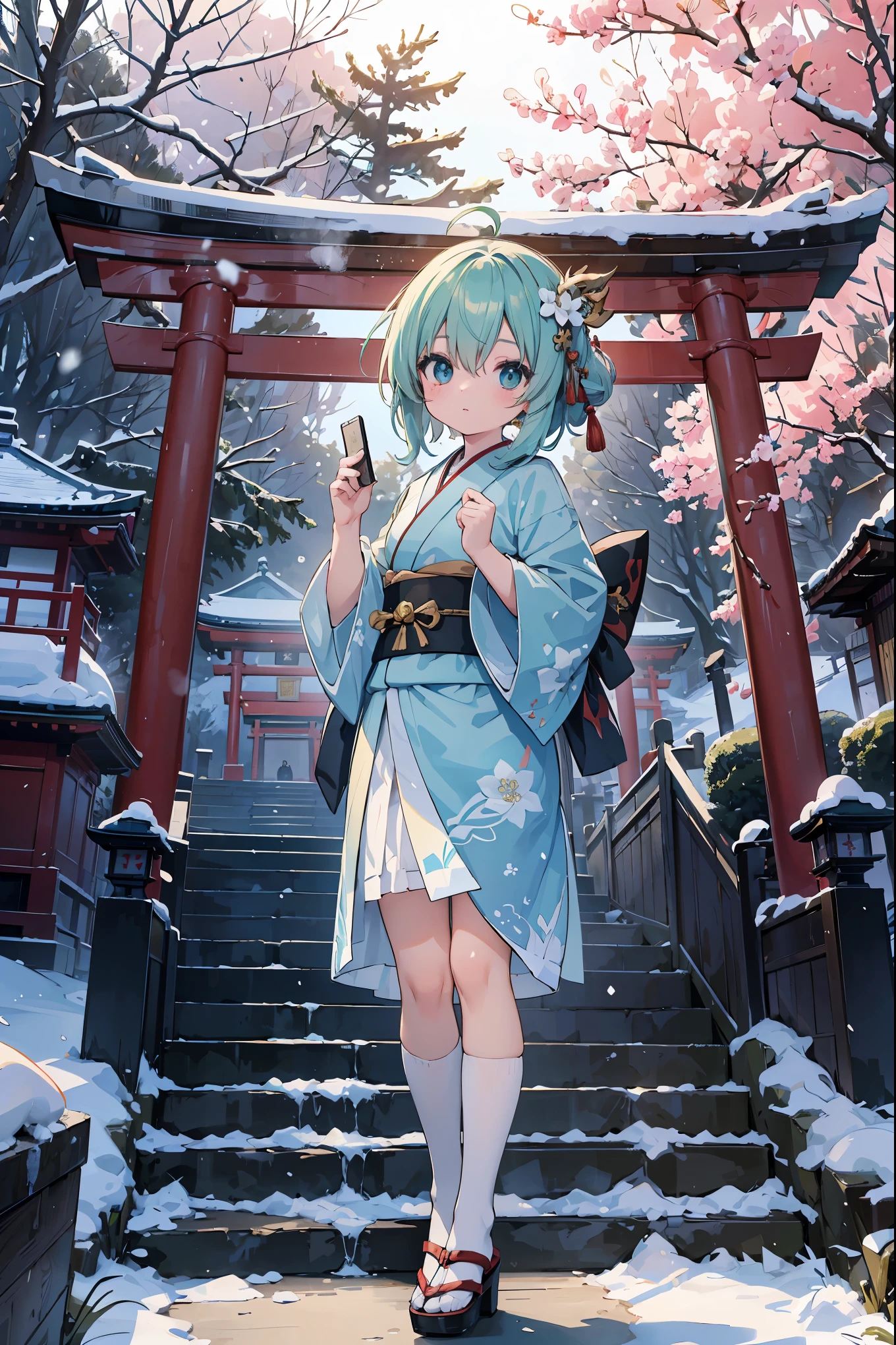 absurd, absolute resolution, incredibly absurd, super high quality, super detailed, official art, unity 8k wall, masterpiece
BREAK
Subject: First visit to a shrine
Subtitle: Tatsumi-chan (anthropomorphic chibi character), chibi, cute, Meiji Shrine

BREAK
"On a New Year's first visit to the shrine, an anthropomorphic chibi little girl named Tatsumi-chan is wearing a gorgeous kimono with the torii gate of the Meiji Shrine in the background with a flurry of snow. She is wearing a sash with dragon elements, representing the Chinese zodiac sign for the year of the dragon, and holds a small ema (votive tablet) in her hand, ready to write her wishes for the New Year. In the background, the precisely painted precincts of the shrine are decorated with light, and trees covered with fresh snow and stone lanterns create an ethereal atmosphere. Tatsumi-chan has sparkling eyes that symbolize hope for the New Year, and her cute pose brightens the hearts of all who see her."