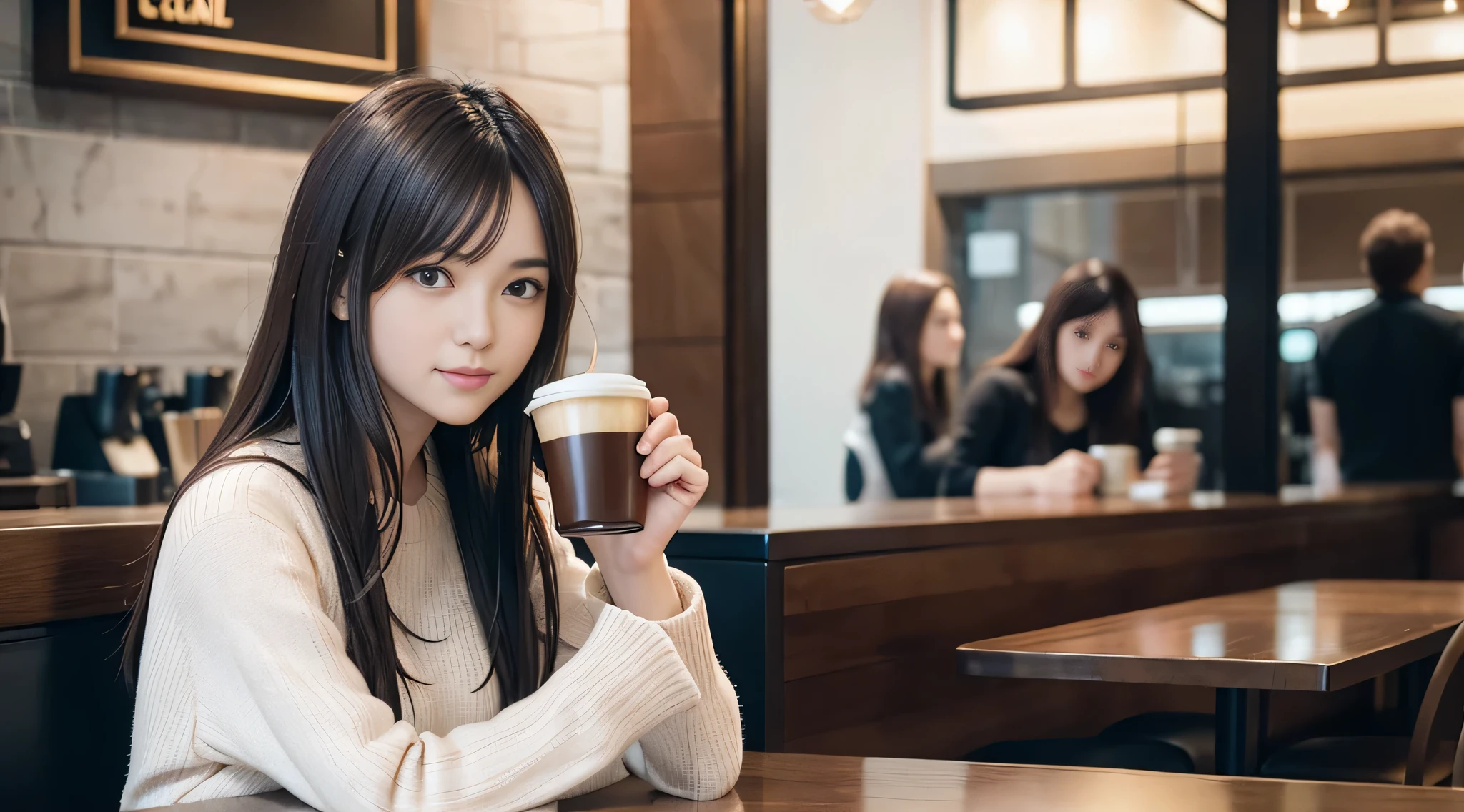 A beautiful brunette girl is sitting in a coffee shop, With a cup of coffee in his hand, drink coffee elegantly, High quality photos, perfect litthing.