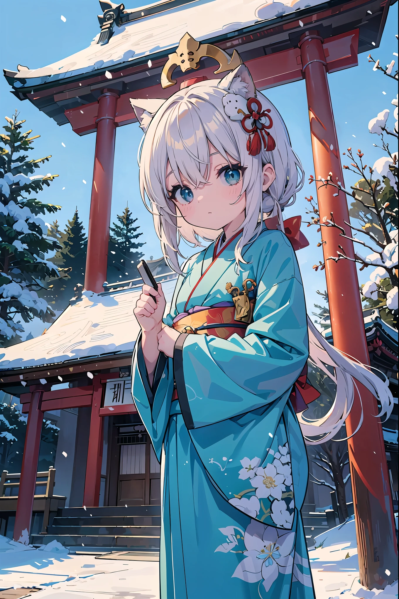 absurd, absolute resolution, incredibly absurd, super high quality, super detailed, official art, unity 8k wall, masterpiece
BREAK
Subject: First visit to a shrine
Subtitle: Tatsumi-chan (anthropomorphic chibi character), chibi, cute, Meiji Shrine

BREAK
"On a New Year's first visit to the shrine, an anthropomorphic chibi little girl named Tatsumi-chan is wearing a gorgeous kimono with the torii gate of the Meiji Shrine in the background with a flurry of snow. She is wearing a sash with dragon elements, representing the Chinese zodiac sign for the year of the dragon, and holds a small ema (votive tablet) in her hand, ready to write her wishes for the New Year. In the background, the precisely painted precincts of the shrine are decorated with light, and trees covered with fresh snow and stone lanterns create an ethereal atmosphere. Tatsumi-chan has sparkling eyes that symbolize hope for the New Year, and her cute pose brightens the hearts of all who see her."