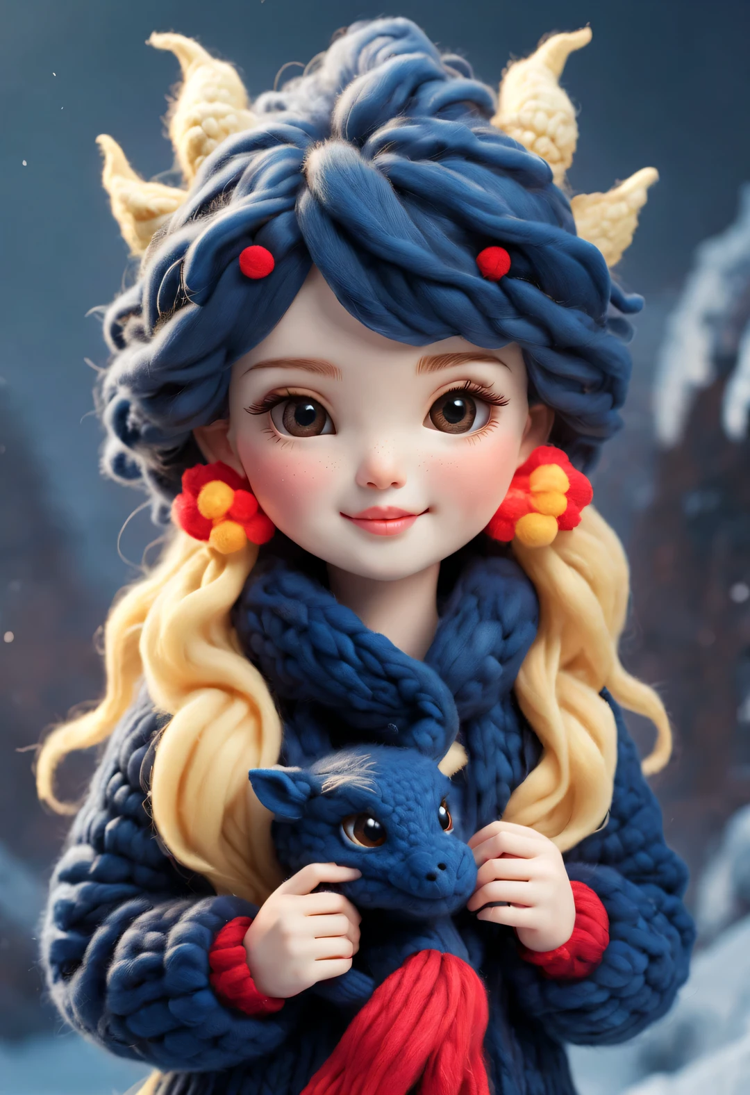 （Plush toy design），（Smiling cute Chinese dragon baby and barbie doll），（Exquisite cashmere wool craftsmanship），（hairy pubic hair：1.2） ，High-end gorgeous fashion clothing for winter， Background with：Dark navy and fiery red，heavy snow ground，golden colored，
Cute 3d rendering，，Apply superb skills and superb technology，Weave wool into a variety of styles and textures。ao mesmo tempo，Pay attention to the edge of the sweater、stitched、Details such as stitching ensure smooth lines of the sweater、Smooth and traceless，Demonstrate perfect craftsmanship quality。Cute and detailed digital art，Miniature feeling，stylized 3d render，3d rendered figure art 8k，lovely digital painting，Anime style 3D，Ultra-detailed rendering