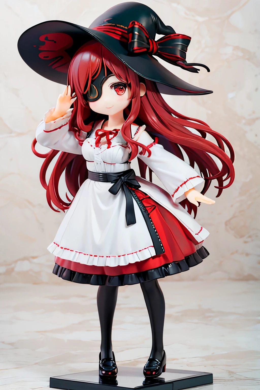 ((best quality)), ((masterpiece)), (detailed), perfect face, ((eyepatch:1.2)), (long hair:1.4), (red hair, red eyes:1.4), Hwa Ryun, smile, 1girl, solo, hat, big hat, skirt, legging, witch hat, dirndl gown, black headwear, black dirndl gown, smile, outdoors, black skirt, looking at viewer, black legging, rose pattern legging, red witch hat, long sleeves, bangs, ribbon, frilled skirt, frills, plaid, bow, open clothes, blush, neck ribbon, Star shape eyepatch, gold eyepatch, standing, red ribbon, wide sleeves, black robe, open robe, robe, hand on waist, medium breasts, full body, hollow eyes, white background, Action figure girl, nendoroid