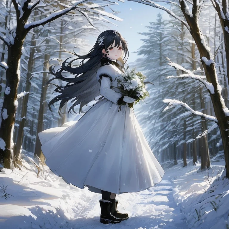 Anime girl in a white dress walking through a snowy forest with a bouquet of flowers, with frozen flowers around her, Beautiful anime scene, a maid in a magical forest, at winter, Anime visuals of cute girls, In the snow, Beautiful anime, Beautiful anime artwork, Heavy winter aesthetics, Beautiful anime art, in a snowy forest setting, in snow