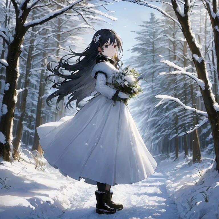 Anime girl in a white dress walking through a snowy forest with a bouquet of flowers, with frozen flowers around her, Beautiful anime scene, a maid in a magical forest, at winter, Anime visuals of cute girls, In the snow, Beautiful anime, Beautiful anime artwork, Heavy winter aesthetics, Beautiful anime art, in a snowy forest setting, in snow