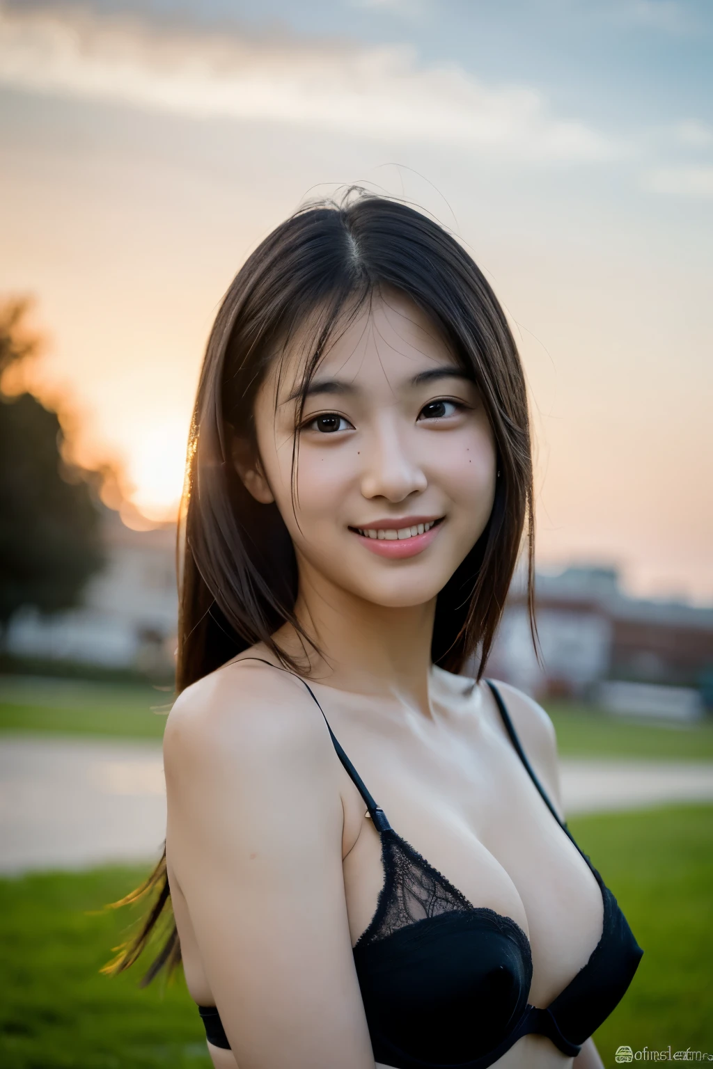 (top-quality,8K picture quality,masterpiece:1.3),(A high resolution,Photorealsitic:1.4,Raw photography),(ultra-detailliert,Caustics,Detailed background),(Ultra-realistic capture,Beautifully detailed skin,perfect anatomia),at the sunset,Sunset sky,school buildings,school ground,18year old ,Kawaii,Black long hair
,tight bra , shape showed, Looking at the camera,A smile,Bust-up shot,natural soft light