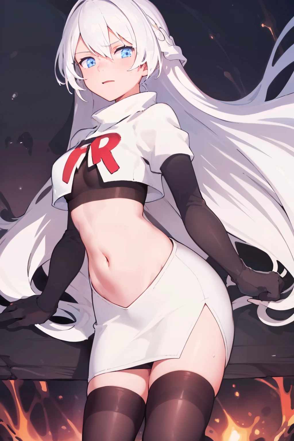 masterpiece, best quality, ultra-detailed, illustration, warm lighting, bright colors, 8K wallpaper, 1girl, solo, very long hair, white hair, blue eyes, wet hair, wet skin,team rocket,team rocket uniform,white skirt,red letter R,crop top,black thigh-highs,black elbow gloves