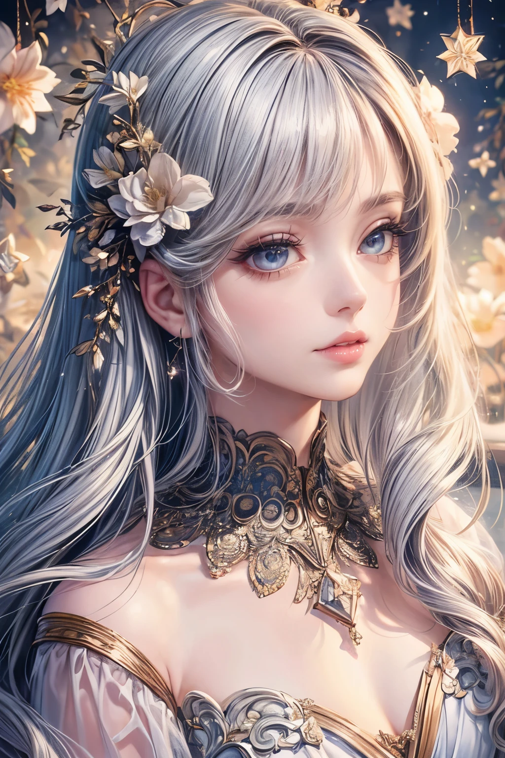 (best quality,8K,CG),detailed upper body,lonely girl,floral forest background,complex facial features,elegant long curly hair,almond-shaped big eyes,detailed eye makeup,long eyelashes,twinkling stars,exquisite lip details,soft and harmonious style.