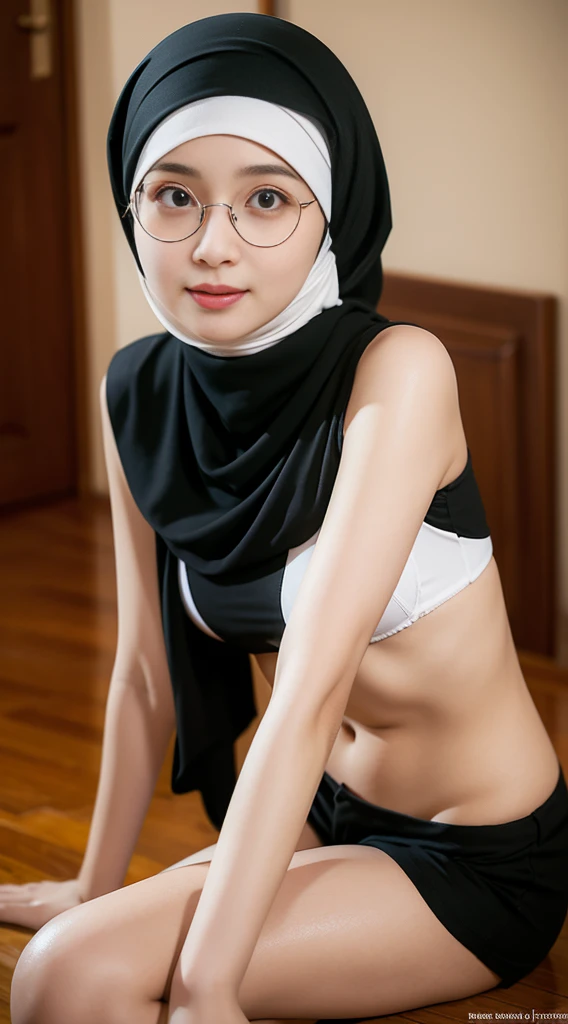 iu:0.8).cleavage, RAW, Best quality, high resolution, Masterpiece: 1.3, Beautiful glasses hijabi java girl wearing shorts and sportra, Masterpiece, Soft smile