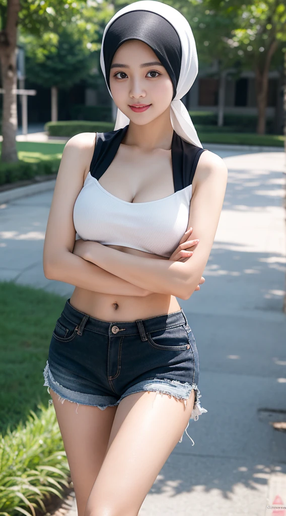 iu:0.8).cleavage, RAW, Best quality, high resolution, Masterpiece: 1.3, Beautiful glasses hijabi java girl wearing shorts and sportra, Masterpiece, Soft smile