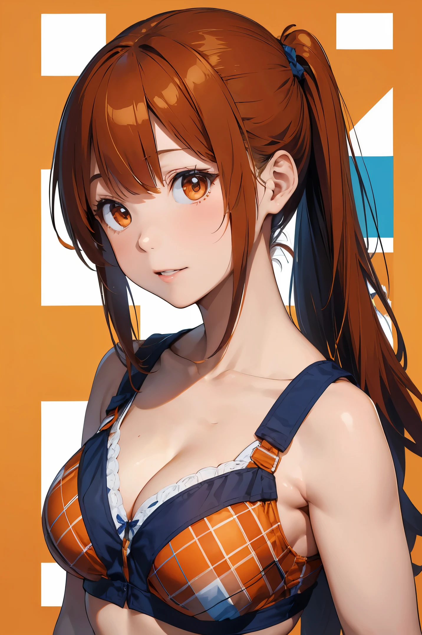 The upper part of the body、an oil painting、masterpiece、Ink painting style、top-quality、hight resolution、Orange long hair、Orange long hair、Naughty look、(((White and blue plaid bra)))、(((White and blue gingham plaid)))、The upper part of the body、Female face、Embarrassed face、sweat-wet skin、The background is all white、side poneyTail、((Side tail hair))、Arms folded in front of the chest、I'm embarrassed