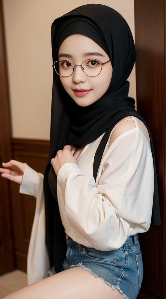 iu:0.8).cleavage, RAW, Best quality, high resolution, Masterpiece: 1.3, Beautiful glasses hijabi java girl wearing shorts and sportra, Masterpiece, Soft smile