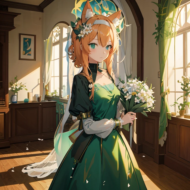 Anime girl in a green dress with flowers in front of the window, Lori in dress, guweiz on pixiv artstation, guweiz on artstation pixiv, Cute anime waifu in a nice dress, guweiz, Rin, by Kamagurka, Lorish, with flowers, high quality portrait, Lori