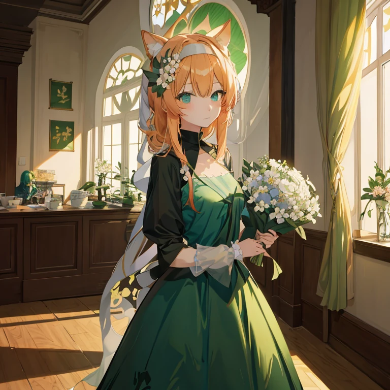 Anime girl in a green dress with flowers in front of the window, Lori in dress, guweiz on pixiv artstation, guweiz on artstation pixiv, Cute anime waifu in a nice dress, guweiz, Rin, by Kamagurka, Lorish, with flowers, high quality portrait, Lori