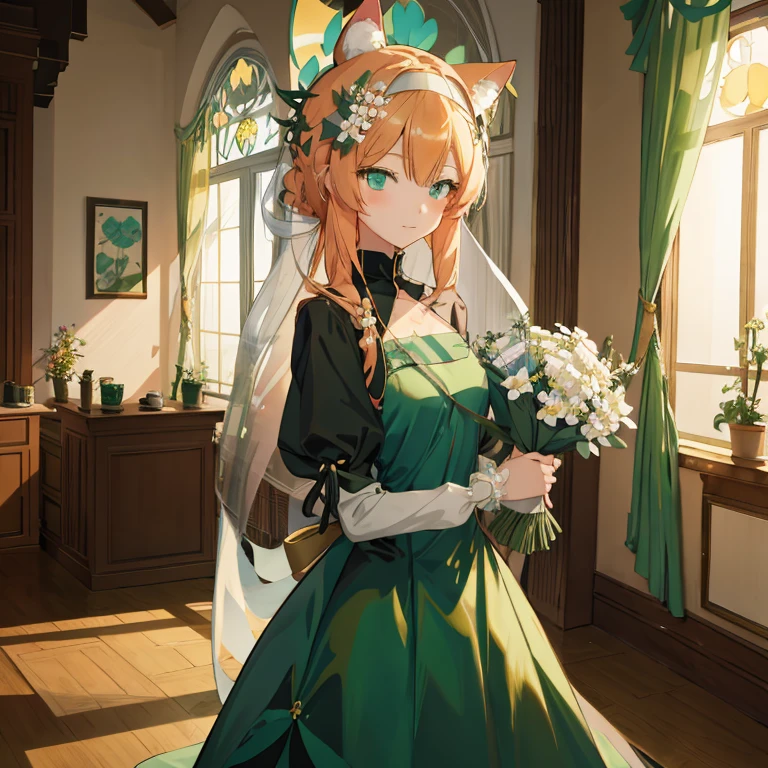 Anime girl in a green dress with flowers in front of the window, Lori in dress, guweiz on pixiv artstation, guweiz on artstation pixiv, Cute anime waifu in a nice dress, guweiz, Rin, by Kamagurka, Lorish, with flowers, high quality portrait, Lori