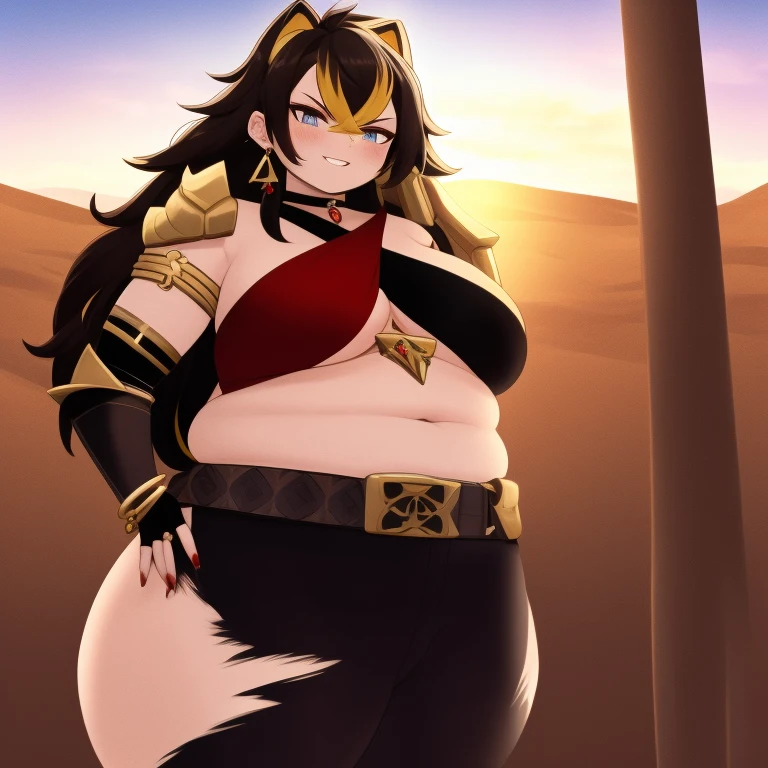 ((masterpiece)), (best quality:1.7), (detailed:1.4), (high res:1.4), 8k, (colorful:1.5), 2d, high resolution, sharped image, 4k, hd, obese dehya_genshin, obese 1girl, (((solo))), black hair, long hair, blue eyes, smile, obese middle body, big breasts, blonde bangs, cat ears, ((middle body)), black pants, shirt, ref navel, torn clothes, cowboy shot, (((jewelry))), black gloves, (((armor))), thighs, red collarbone, official custome, armor choker, desert, cleavage, parted lips, streaked hair, midriff, hair intakes, dark-skinned female, halterneck, armlet, black gloves, ((criss-cross halter)), torn clothes, belt, red nails, nail polish, (((armor armlet))), fingerless glove, two tones breasts, big fat butt, ((thick thighs)), angry, happy, close mouth, narrow eyes, eyeliner, ((looking at viewer)), red breasts, ((bare legs)), sunset, glove with claws, hands on own hips, (((shoulders armor))), bracelet armor, belt armor, (earrings), gold chain, ornaments, ((partial blonde hair)),