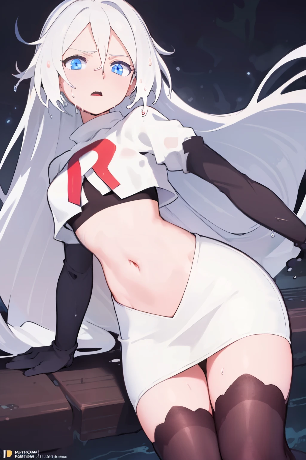 masterpiece, best quality, ultra-detailed, illustration, warm lighting, bright colors, 8K wallpaper, 1girl, solo, very long hair, white hair, blue eyes, wet hair, wet skin,team rocket,team rocket uniform,white skirt,red letter R,crop top,black thigh-highs,black elbow gloves