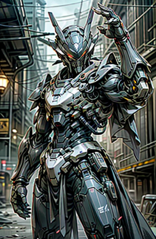 Dark_Fantasy,Cyberpunk,1manMechanical marvel,Robotic presence,Cybernetic guardian, samurai mechanical armour, holding a katana on the waist with both hands, absolutely stunning art,wearing a black cloak, highest quality art, highest resolution, hyper detailed,black and red, futuristic, samurai robot, atmospheric,8k,64k, HD, unparalleled masterpiece, dynamic lighting, cinematic, epic