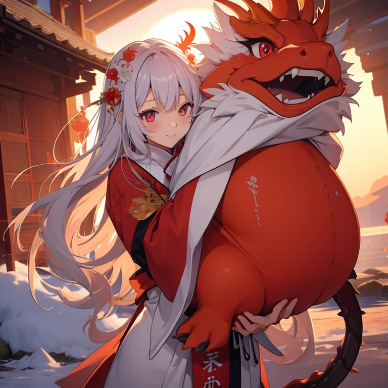 (rising sun:1.3), new year, hugging dragon, 1 girl