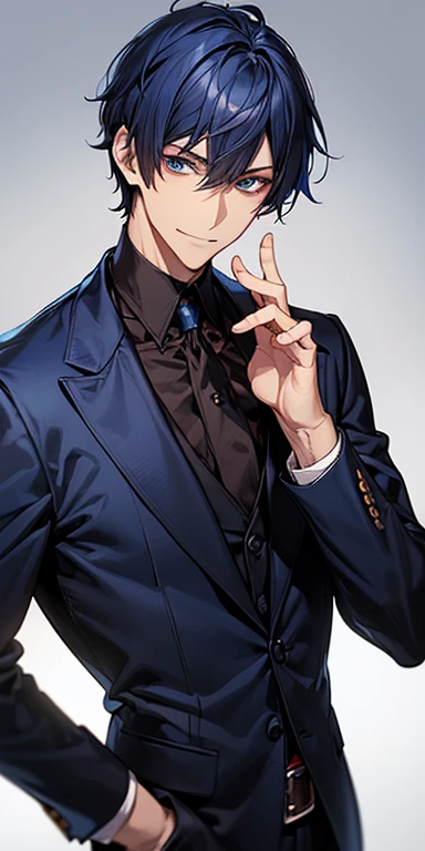 ((masutepiece)), ((Best Quality)), ((Brown skin)), ((Dark blue eyes)), ((Dark blue hair))、Handsome man , ((Very short hair、no bangor head)), masculine、tall、A sexy、 man、Sanpaku eyes、Smirk、Suits、handsome man、Angle from top