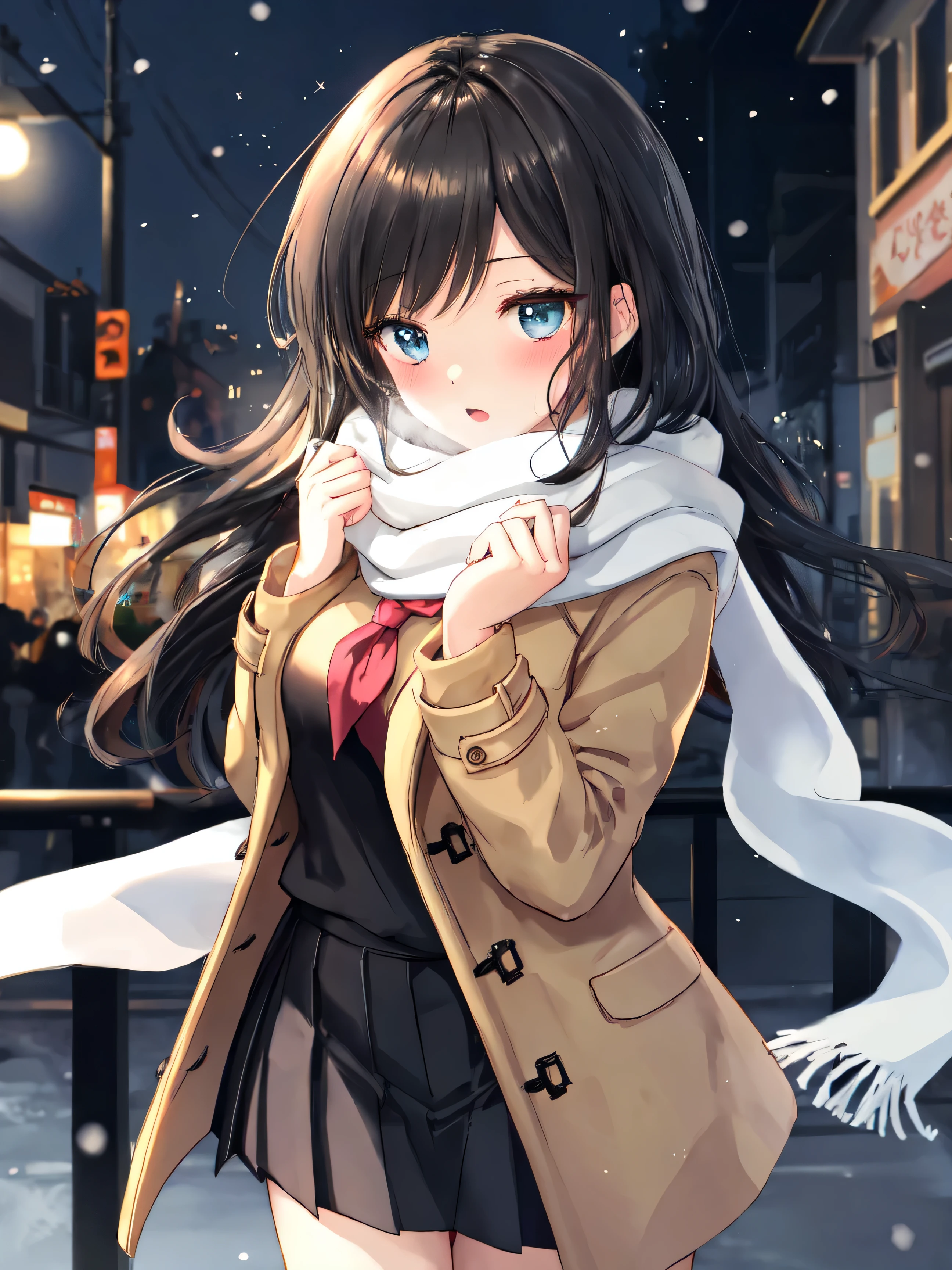 8K, (Ultra-detailed:1.3, master piece:1.3, Best Quality:1.3, High resolution:1.3), 18year old, High school students, 1 person, girl with, Beautiful face, large and beautiful breasts, Blue eyes, eyes in Highlights, catch light eyes, Specular Highlight Eye, BREAK (Long hair, Pitch black hair:1.5), (Black sailor suit), Black pleated skirt, Separate Uniform, BREAK shoot from front, Cowboy Shot, (No hat:1.3), blush, nose blush, Shy, BREAK Street, (Walking), Night, yuki, Moon, BREAK Breathing white breath from cold, BREAK (Light brown duffel coat, Open the front of the coat), (White headscarf:1.3), BREAK (red neckerchief)