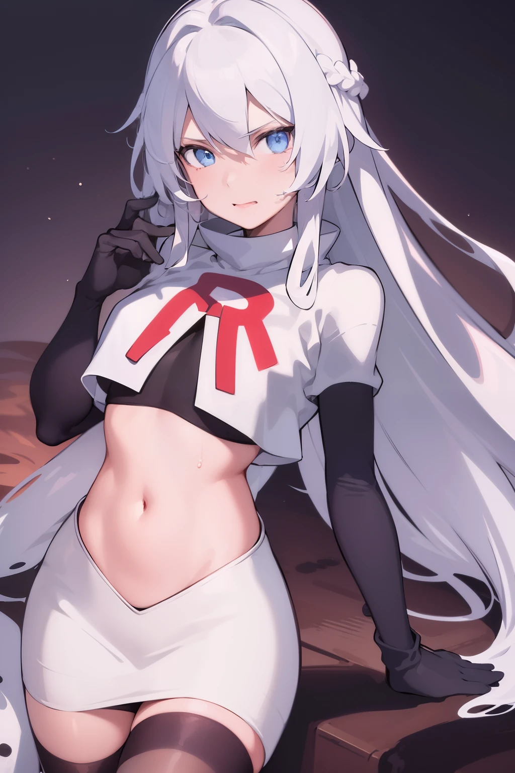 masterpiece, best quality, ultra-detailed, illustration, warm lighting, bright colors, 8K wallpaper, 1girl, solo, very long hair, white hair, blue eyes, wet hair, wet skin,team rocket,team rocket uniform,white skirt,red letter R,crop top,black thigh-highs,black elbow gloves