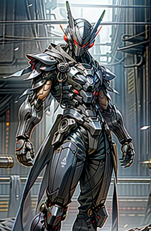 Dark_Fantasy,Cyberpunk,1manMechanical marvel,Robotic presence,Cybernetic guardian, samurai mechanical armour, holding a katana on the waist with both hands, absolutely stunning art,wearing a black cloak, highest quality art, highest resolution, hyper detailed,black and red, futuristic, samurai robot, atmospheric,8k,64k, HD, unparalleled masterpiece, dynamic lighting, cinematic, epic