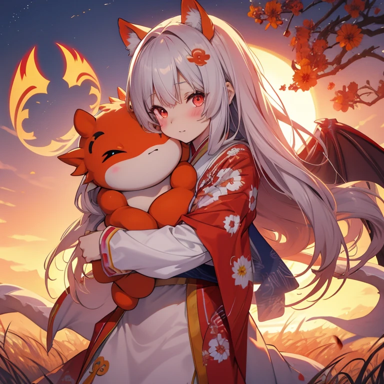 (rising sun:1.3), new year, hugging tiny dragon, 1 girl
