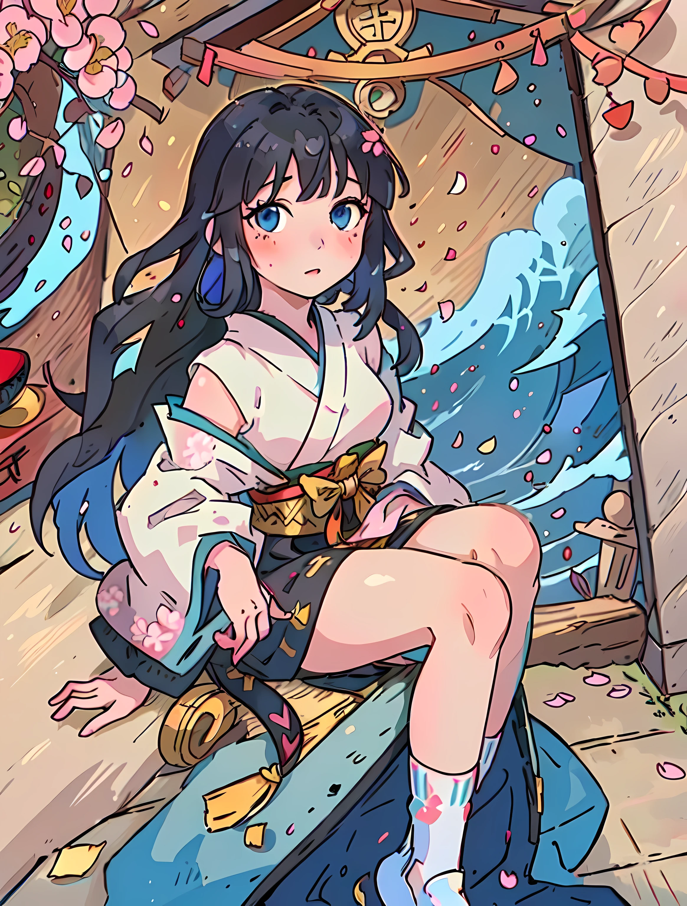 Black medium long hair girl, eBlue eyes, flowing hair above, wearing traditional Japanese kimono (Beautiful and detailed fabric), In the scene of visiting a shrine, Ruddy face,The expression is shy, Surrounded by beautiful detailed pink flowers of sakura) and the torii gate in the background (Detailed red wooden door), Traditional Japanese lanterns (vivd colour) illuminating the scene. Girl holding a wooden prayer board (Detailed pattern) and a pair of tabi socks (Detailed pattern). The scene is bathed in soft golden sunlight (warmly lit), Casts soft shadows on and around the girl's face. The colors of the artwork are vibrant and harmonious, Emphasizing the delicate beauty of Japanese culture and the tranquility of the moment.
