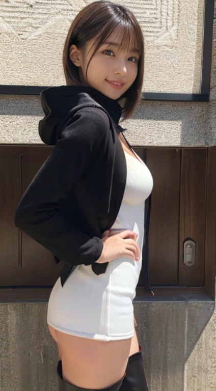 (Photorealistic), (ultra high realistic), (The ultra -The high-definition目), (ultra high detailed), (Increase contrast), (Increase saturation), (12 year old super beautiful girl), (light skinned)A pretty woman with perfect figure, Bright smile,, (Lifelike face), a short bob、Hair hanging over the ears, Realistic eyes, natural make up、beautiful detail, (real looking skin), Beautiful skins, enticing, The ultra -The high-definition, A hyper-realistic, Realistic, Very detailed,, bangss), (Tight black knit miniskirt dress、I can see the cleavage)(The outerwear is a brown short coat with a hood.、Opening the front)(((White knee high boots)))japanese cute idol, I can see the cleavage) Brown hair,((Stylish café))Inviting Pose、Beautiful valley、beutiful breast、thin-waist、big butts、Knee-deep angle、T-back panties