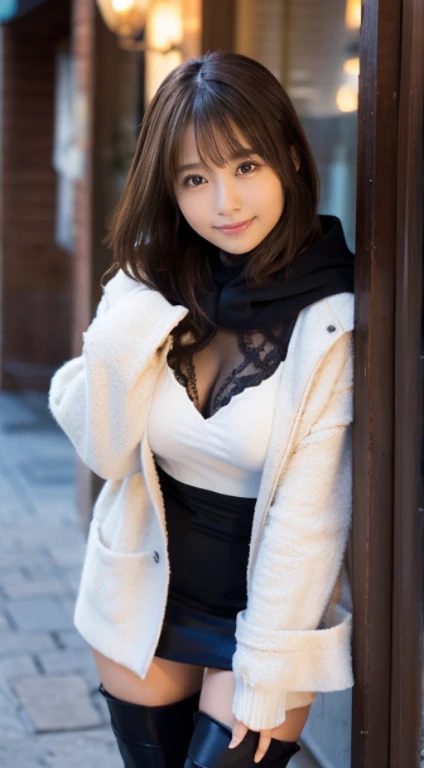 (Photorealistic), (ultra high realistic), (The ultra -The high-definition目), (ultra high detailed), (Increase contrast), (Increase saturation), (12 year old super beautiful girl), (light skinned)A pretty woman with perfect figure, Bright smile,, (Lifelike face), a short bob、Hair hanging over the ears, Realistic eyes, natural make up、beautiful detail, (real looking skin), Beautiful skins, enticing, The ultra -The high-definition, A hyper-realistic, Realistic, Very detailed,, bangss), (Tight black knit miniskirt dress、)(Outerwear is a short white hooded coat、Opening the front)((White knee high boots))japanese cute idol, I can see the cleavage) Brown hair,((Stylish café))Inviting Pose、Beautiful valley、beutiful breast、thin-waist、big butts、Knee-deep angle
