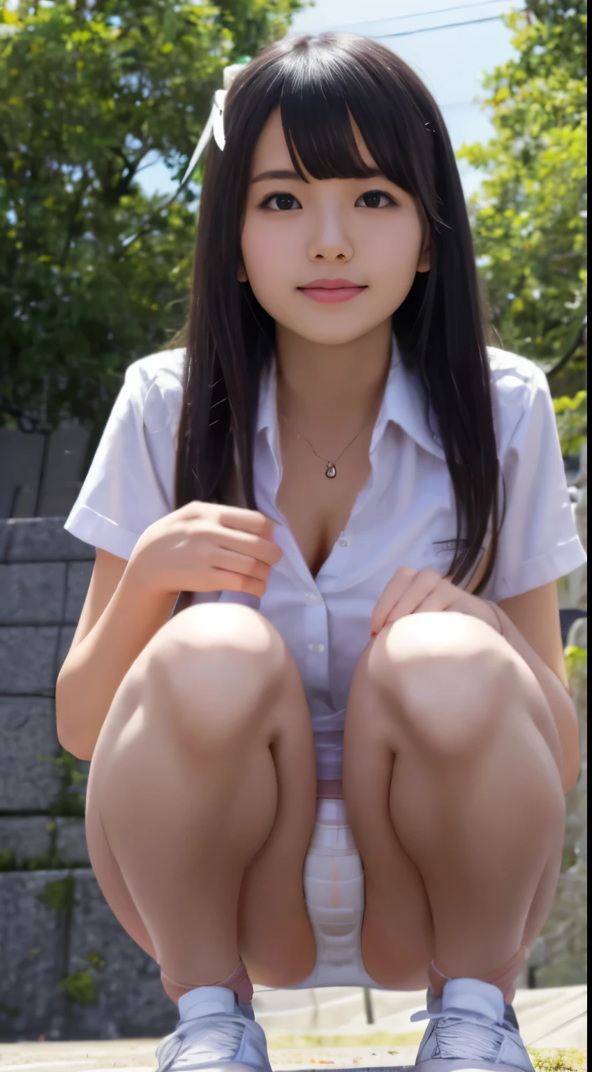 Wearing sneakers、white panty、fulcolor、(masutepiece、 Best Quality:1.2)、hight resolution、high-level image quality、in 8K、realisitic実写、Raw photo、top-quality、masterpiece、 Extremely delicate、High-definition raw color photos、Professional Photography、 Amazing face and eyes、超hight resolution、Raw photo、ren、Beautiful fece、Cute Beautiful Girl、(独奏:1.2)、 small tit、cute smile face、flat boobs、 School Uniforms、Look at viewers、crouching down、(Crouch Panty Shot:1.2)、Fully exposed panties、plein air、outside of house、Sit with your knees、Sit with your heels on the ground、Hold your knees with your hands、The shin is facing forward、The body is facing forward、Sit with your heels on the ground、Open legs、Open crotch、White panty、8k photo、Raw photography、最high-level image quality、masterpiece:1.2、realisitic、Photorealsitic、highly contrast、photon maping、real picture、ultra-detailliert、profetional lighting、(low angles:1.2)、(1 girl in)、(独奏:1.5)、(Height is 150 cm), (16 year old high school girl), (japanese hight school uniform)、(Summer blouses:1.2)、(Short skirt with plaid pattern:1.2)、(white shirt with student ribbon:1.2)、(squatting looking at the front)、(Open crotch:1.2), (White panty:1.5)、(camel's toe)、(white sneaker:1.2)、 (perfectly proportions:1.2), (cleavage of the breast:1.2)、(スカートの下からwhite pantyが見える:1.5), (Detailed female pubic shape is clearly visible:1.4), (Have pubic hair:1.4), (Textured skin)