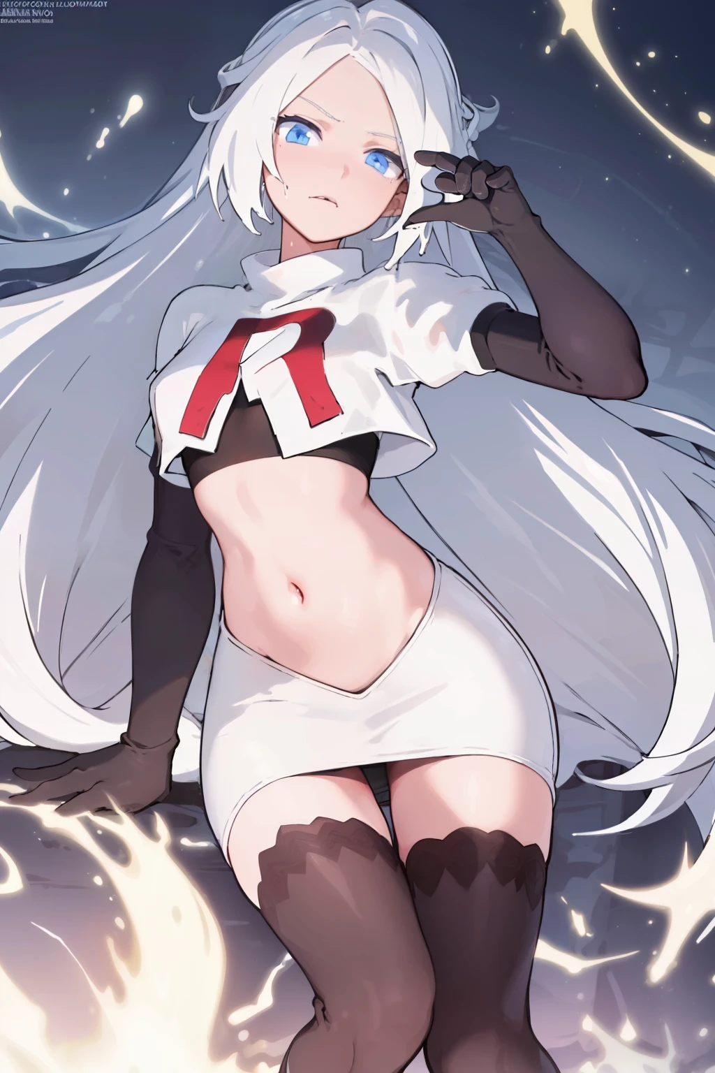 masterpiece, best quality, ultra-detailed, illustration, warm lighting, bright colors, 8K wallpaper, 1girl, solo, very long hair, white hair, blue eyes, wet hair, wet skin,team rocket,team rocket uniform,white skirt,red letter R,crop top,black thigh-highs,black elbow gloves