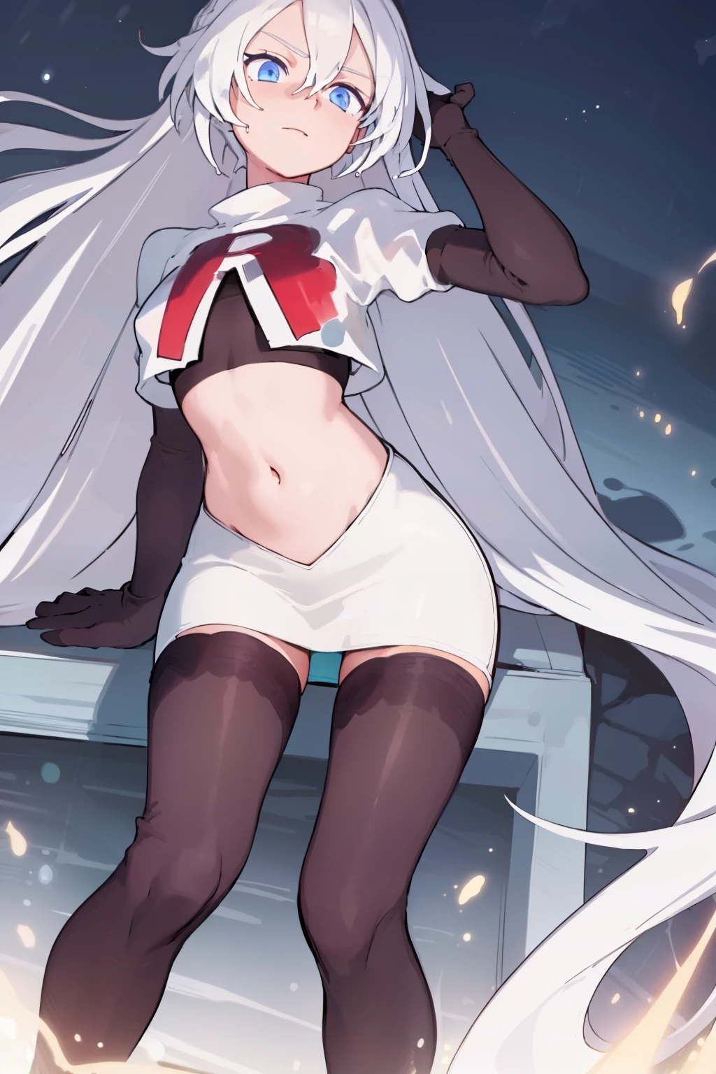 masterpiece, best quality, ultra-detailed, illustration, warm lighting, bright colors, 8K wallpaper, 1girl, solo, very long hair, white hair, blue eyes, wet hair, wet skin,team rocket,team rocket uniform,white skirt,red letter R,crop top,black thigh-highs,black elbow gloves