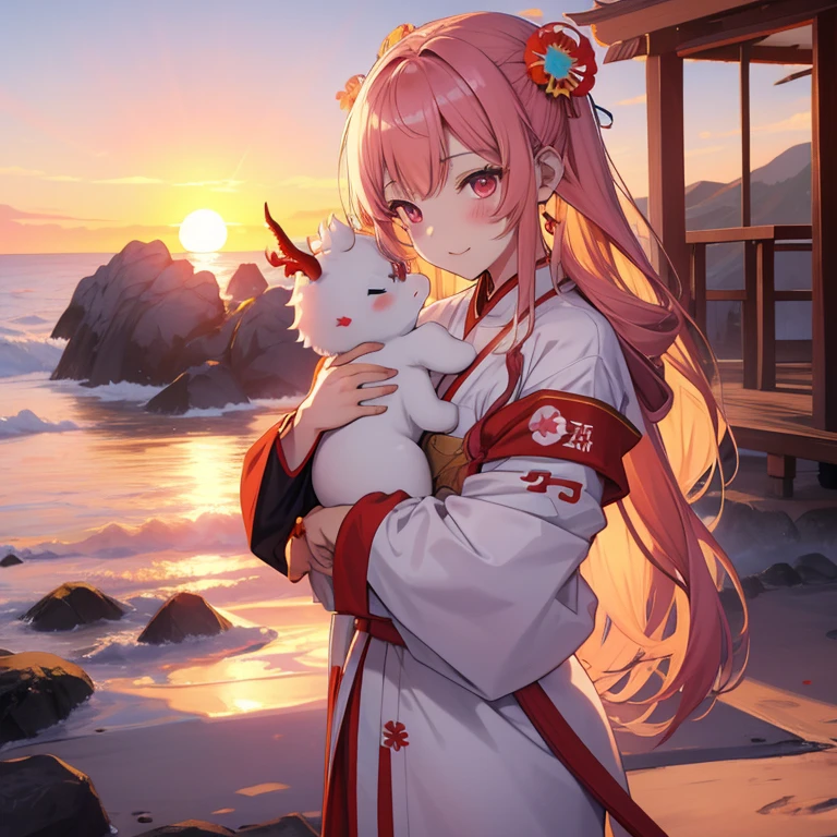 (rising sun:1.3), new year, hugging tiny dragon, 1 girl