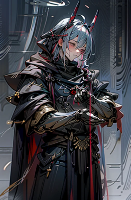 Dark_Fantasy,Cyberpunk,1manMechanical marvel,Robotic presence,Cybernetic guardian, samurai mechanical armour, holding a katana on the waist with both hands, absolutely stunning art,wearing a black cloak, highest quality art, highest resolution, hyper detailed,black and red, futuristic, samurai robot, atmospheric,8k,64k, HD, unparalleled masterpiece, dynamic lighting, cinematic, epic