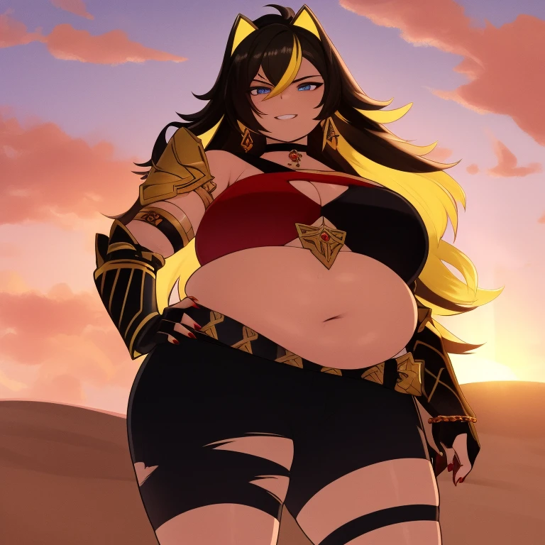 ((masterpiece)), (best quality:1.7), (detailed:1.4), (high res:1.4), 8k, (colorful:1.5), 2d, high resolution, sharped image, 4k, hd, obese dehya_genshin, obese 1girl, (((solo))), black hair, long hair, blue eyes, smile, obese middle body, big breasts, blonde bangs, cat ears, ((middle body)), black pants, shirt, ref navel, torn clothes, cowboy shot, (((jewelry))), black gloves, (((armor))), thick thighs, red collarbone, official custome, armor choker, desert, cleavage, parted lips, streaked hair, midriff, hair intakes, dark-skinned female, halterneck, armlet, black gloves, ((criss-cross halter)), torn clothes, belt, red nails, nail polish, (((armor armlet))), fingerless glove, two tones breasts, ((thighs)), angry, happy, close mouth, narrow eyes, eyeliner, ((looking at viewer)), red breasts, ((bare legs)), sunset, glove with claws, hands on own hips, (((shoulders armor))), bracelet armor, belt armor, (earrings), gold chain, ornaments, ((partial blonde hair)),