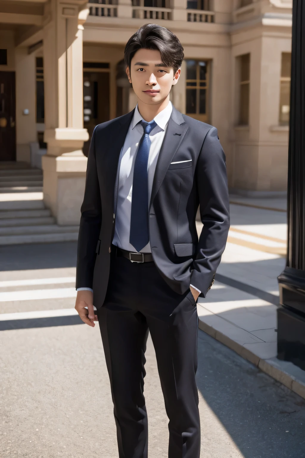 at office，black business coat，Attractive Europe mix japan man，Live-action photo，Handsome and sunny，（SLR effect，真实感，8K，Hyper-detailing，Absolute realism）